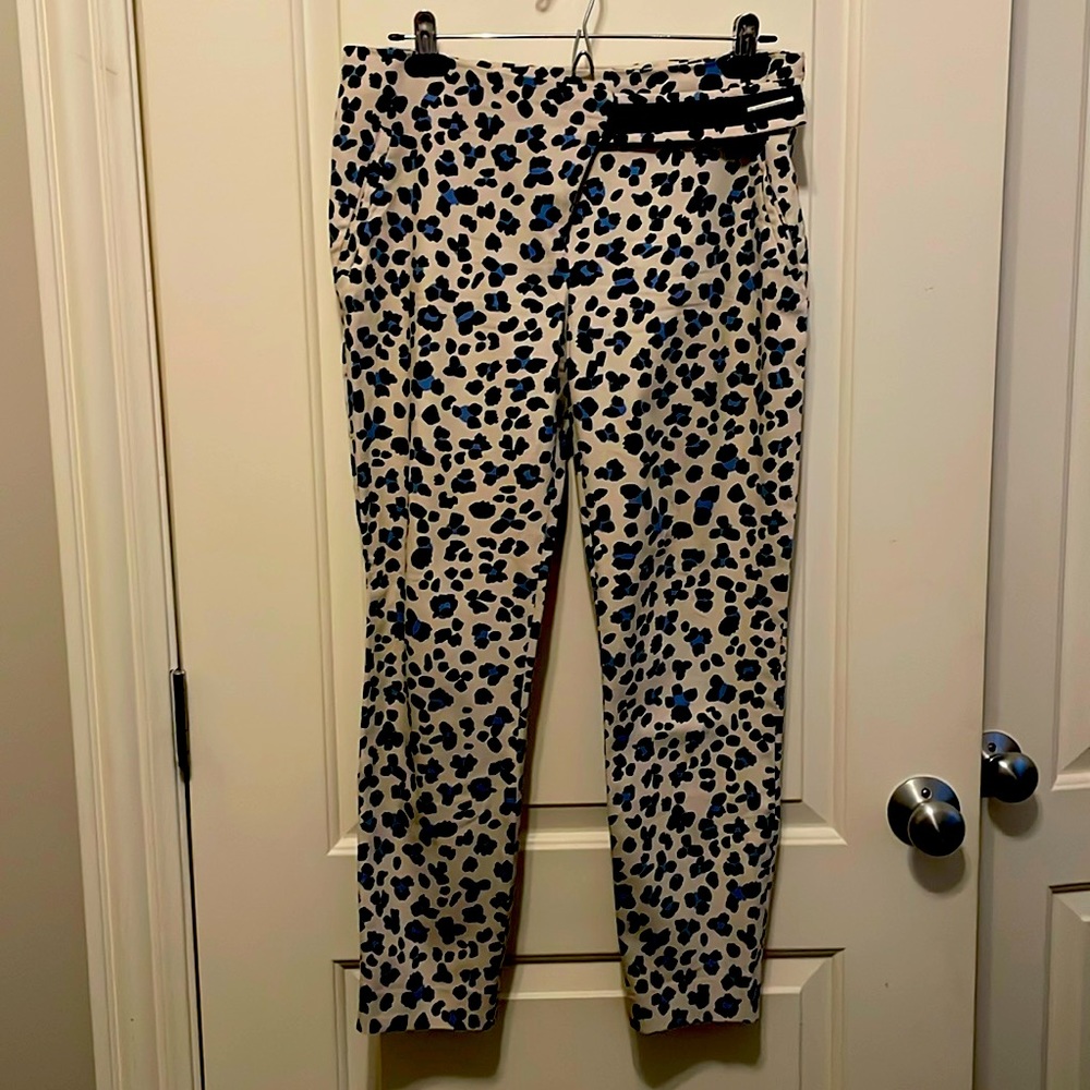 Cream, black and blue animal print cigarette trousers